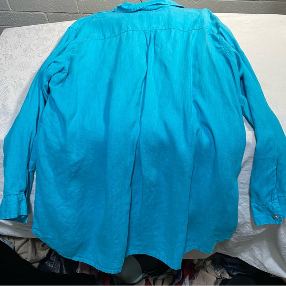 Chicos 3 Linen Vintage Button Up Long Shirt Blouse Longsleeve Turquoise Bright - Picture 3 of 8
